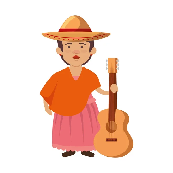 Traditionele Mexicaanse vrouw met hoed en gitaar — Stockvector