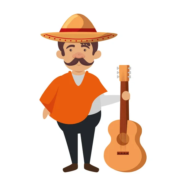 Uomo messicano tradizionale con cappello e chitarra — Vettoriale Stock