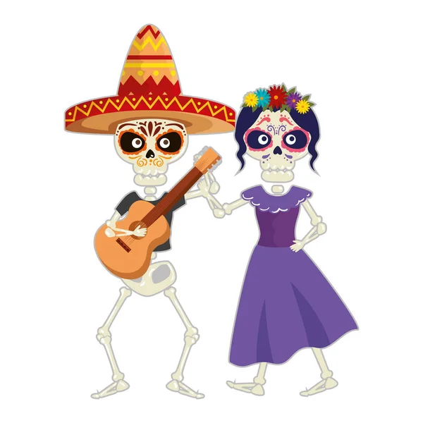 Squelette de katrina et mariachi jouant des personnages de guitare — Image vectorielle