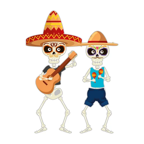 Squelettes mexicain avec chapeau et maracas personnages — Image vectorielle