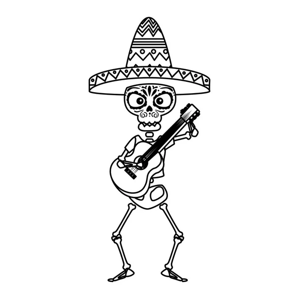 Squelette mexicain avec chapeau et guitare — Image vectorielle