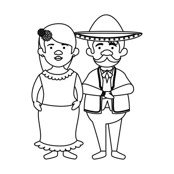 Femme mexicaine traditionnelle avec des personnages de mariachi — Image vectorielle