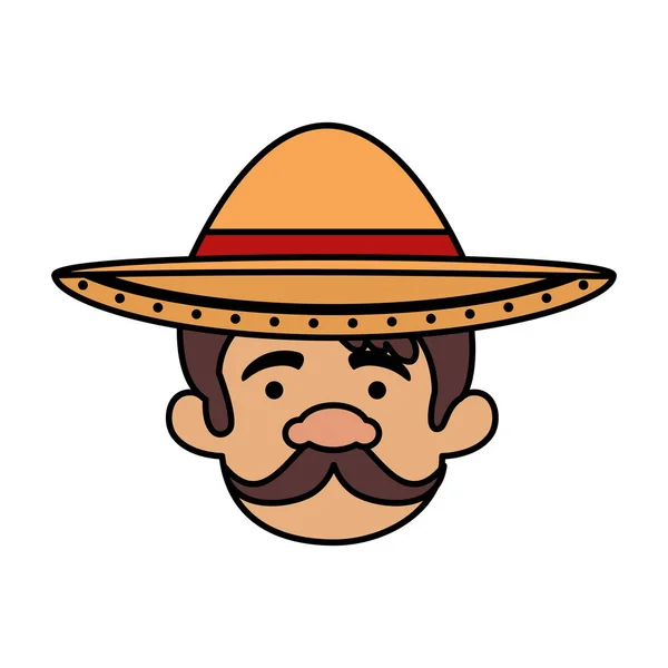 Cabeza de hombre mexicano tradicional con sombrero — Vector de stock