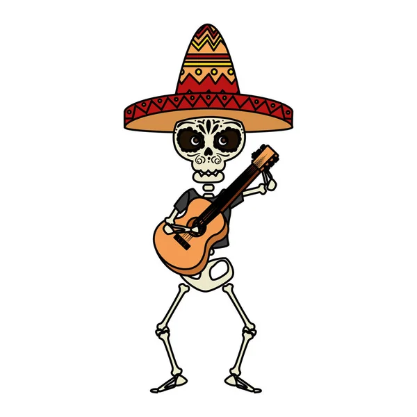 Skeleton mexican with hat and guitar — Stock Vector