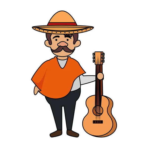 Traditioneller mexikanischer Mann mit Hut und Gitarre — Stockvektor