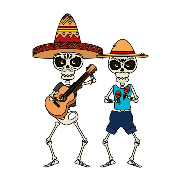 Squelettes mexicain avec chapeau et maracas personnages — Image vectorielle