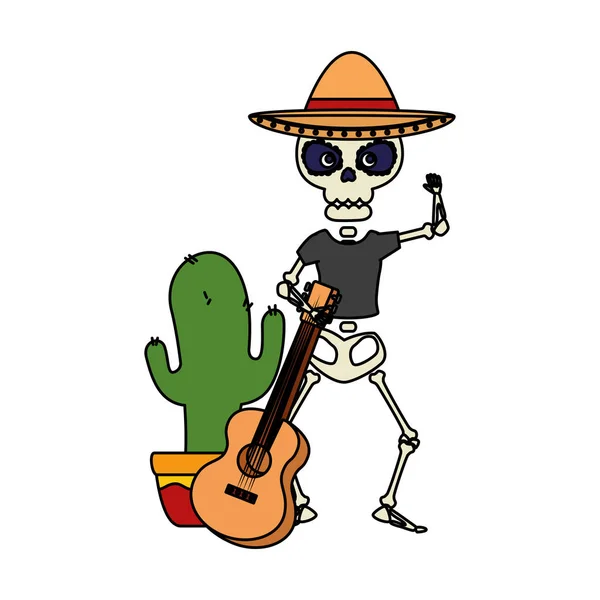 Skeleton mexican with hat and guitar — Stock Vector