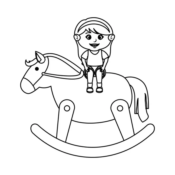 Petite fille avec cheval en bois — Image vectorielle