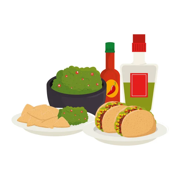 Guacamole con tequila y tacos — Vector de stock