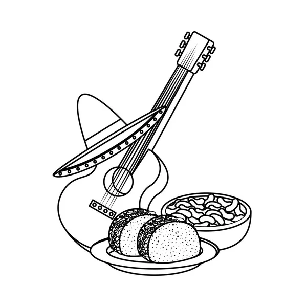 Gitar ve şapka Meksika yemeği ile lezzetli tacos — Stok Vektör