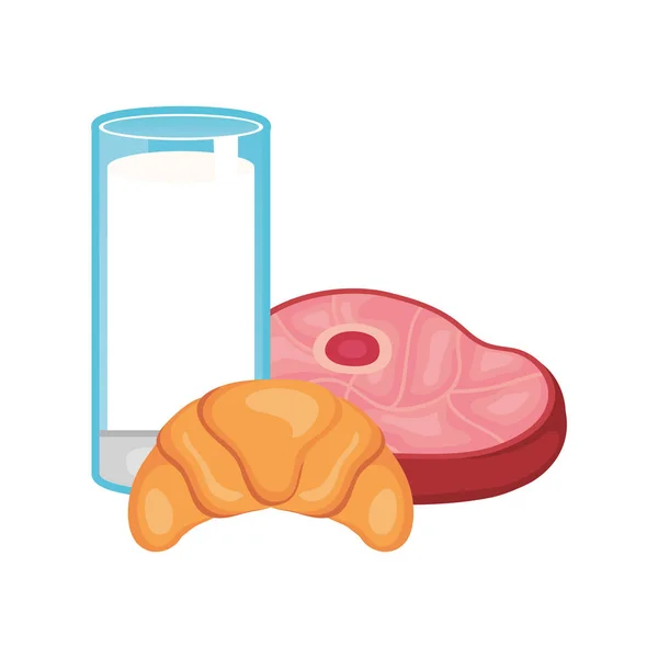 Heerlijke melkglas cup met brood en vlees — Stockvector