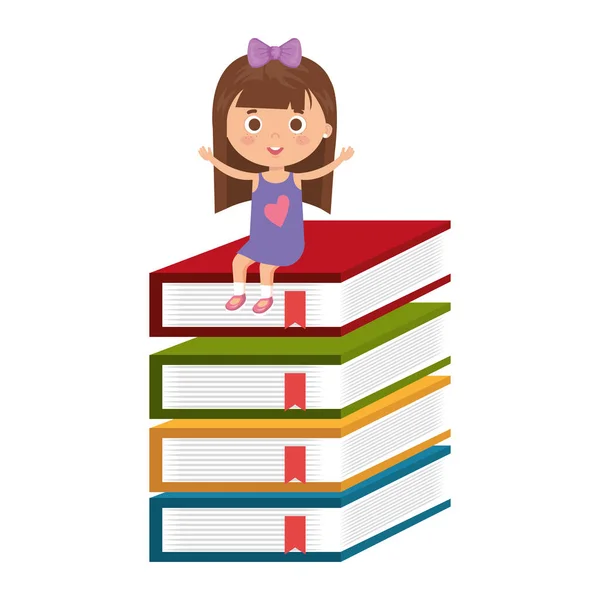 Lilla student tjej med hög böcker karaktär — Stock vektor