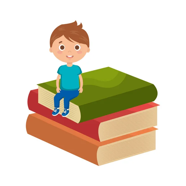 Little boy student with books character — Stock Vector