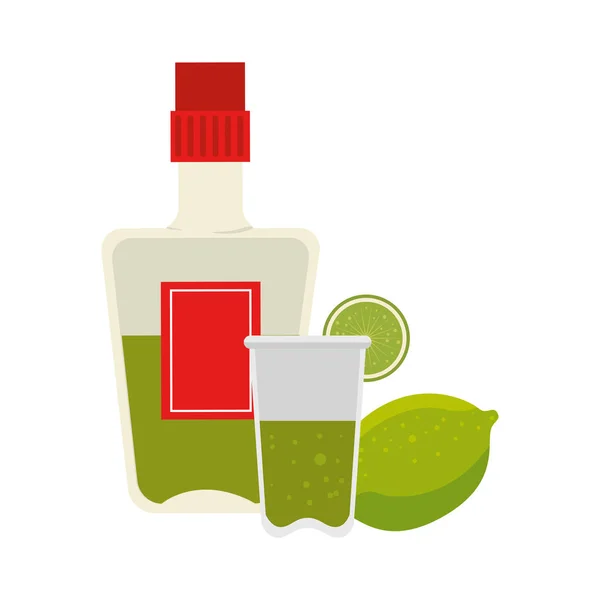 Botella de tequila con taza y limón — Vector de stock