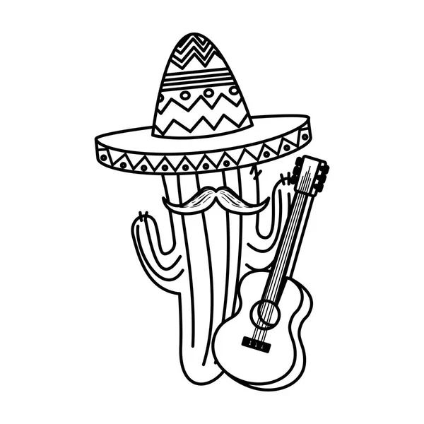 Cactus mexicain avec chapeau maricachi et guitare — Image vectorielle