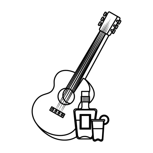 Instrumento de guitarra con botella de tequila — Vector de stock