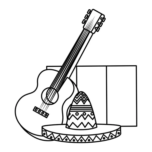 Sombrero de mariachi mexicano con guitarra y bandera — Vector de stock