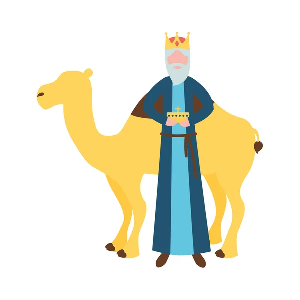 Epifanía Rey Sabio Con Regalo Camello Vector Ilustración — Vector de stock