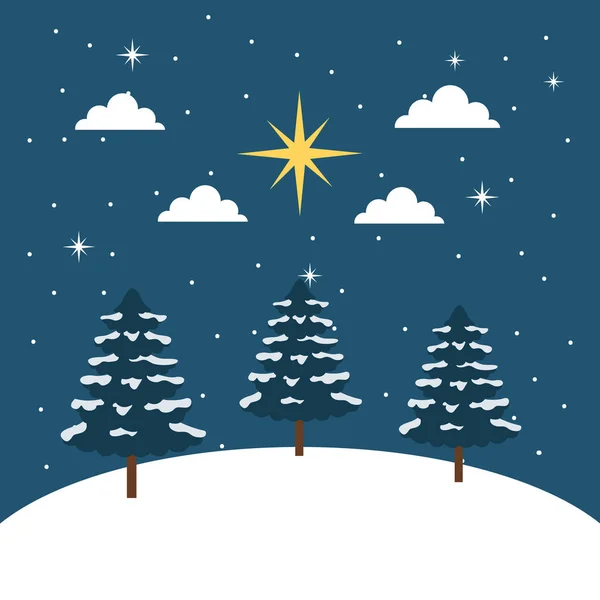 Winter landscape snow tree star clouds night — Stock Vector