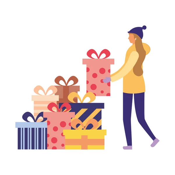 Woman with christmas gift boxes celebration — Stock Vector