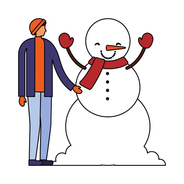 Mann mit Winterkleidung und Schneemann — Stockvektor