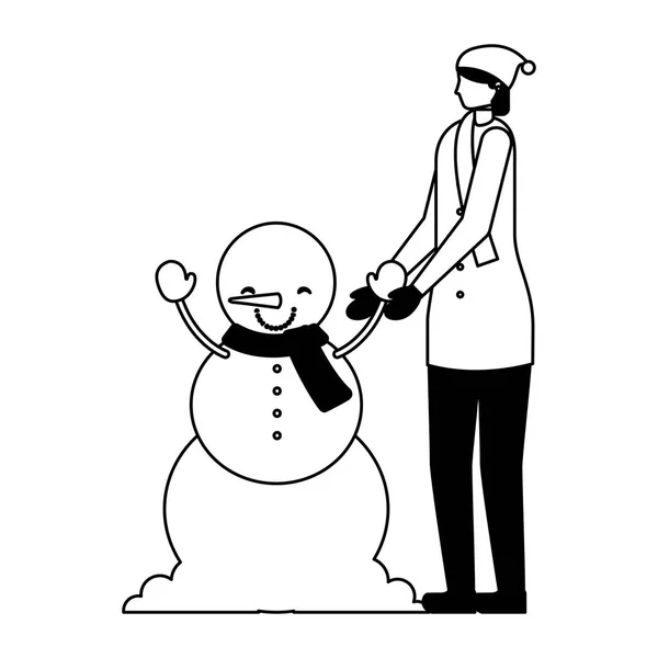 Femme avec hiver bonhomme de neige caractère — Image vectorielle