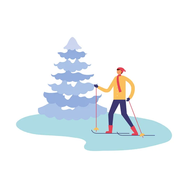 Άνθρωπος με σκι και πεύκο δέντρο χειμώνας — Διανυσματικό Αρχείο