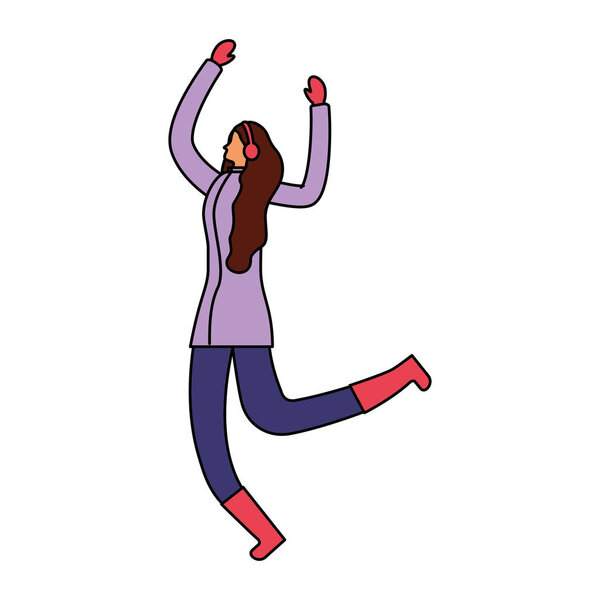 woman jumping with winter clothes