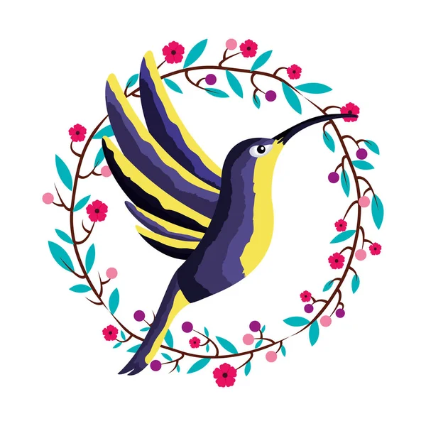 Sinek kuşu kuş çiçek çelenk tropikal — Stok Vektör
