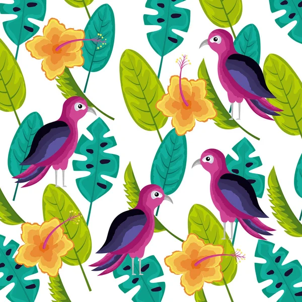 鳥熱帯のハイビスカスの花葉パターン — ストックベクタ