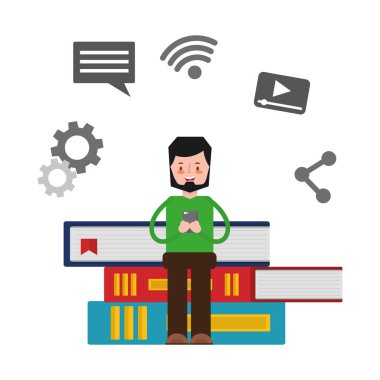 ile hareket eden kitaplar sosyal medya üzerinde oturan adam