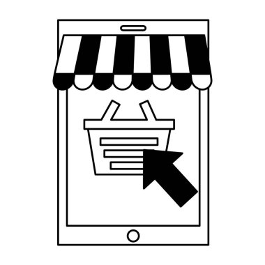 Mobil sepet tıklayın online satın alma e-ticaret vektör çizim