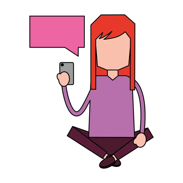 Žena používající mobilní řeč bublina sociální média — Stockový vektor