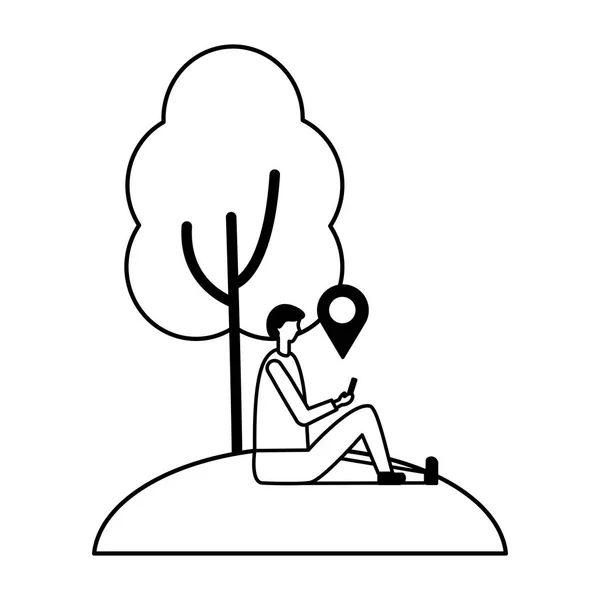 Mann sitzt neben Baum mit Mobiltelefon — Stockvektor
