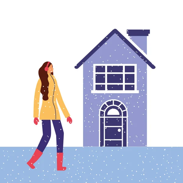 Χειμώνα χιόνι σπίτι γυναίκα με ακουστικά — Διανυσματικό Αρχείο