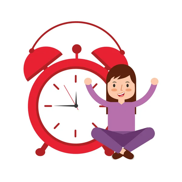 Chica dibujos animados despertar despertador reloj alarma — Archivo Imágenes Vectoriales