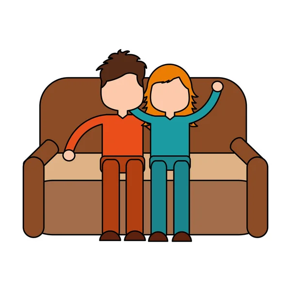 Ragazzo e ragazza seduti sul divano — Vettoriale Stock