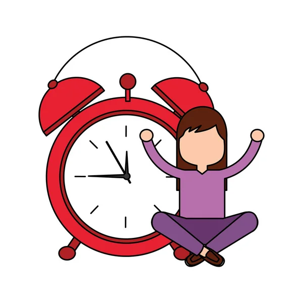 Chica dibujos animados despertar despertador reloj alarma — Archivo Imágenes Vectoriales