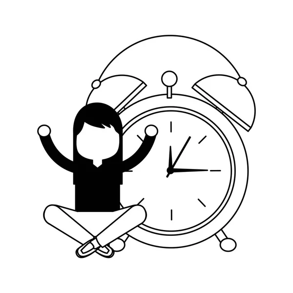 Menina desenho animado acordar despertador de relógio —  Vetores de Stock