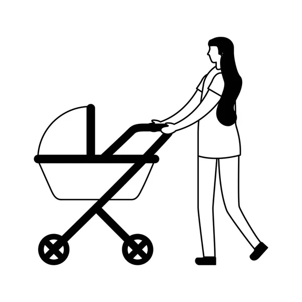 Mãe empurrando bebê carrinho — Vetor de Stock
