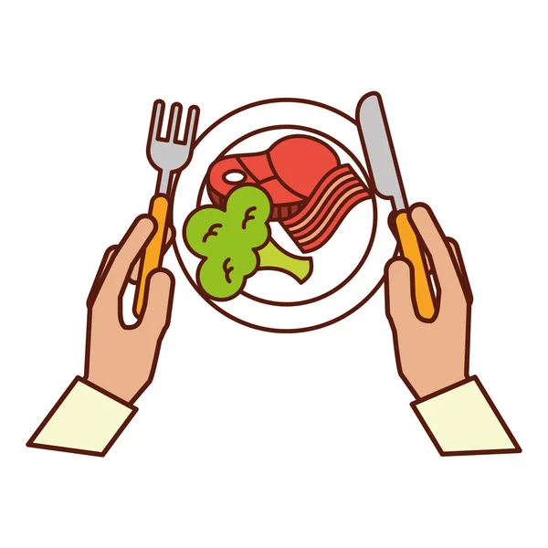 Hands holding fork knife dinner — Stock Vector