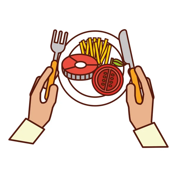 Mãos segurando garfo faca jantar — Vetor de Stock