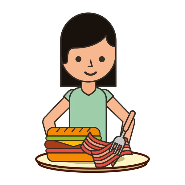 Mädchen mit Mahlzeit auf dem Teller — Stockvektor