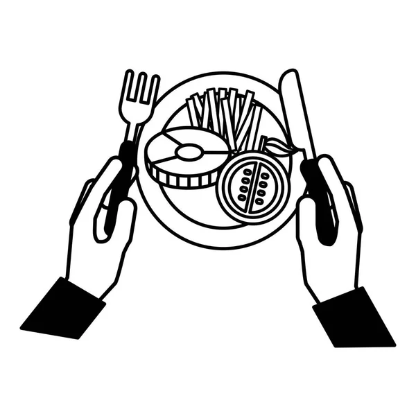Mains tenant couteau fourchette dîner — Image vectorielle
