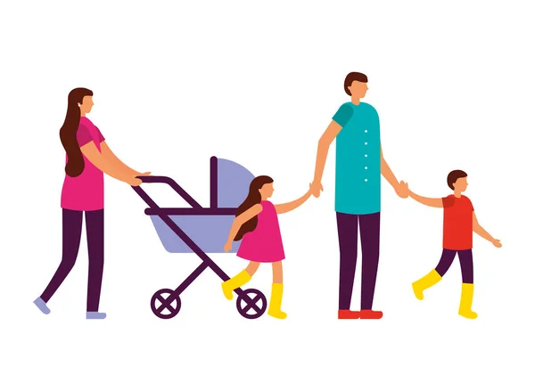 Eltern mit Sohn Tochter und Kinderwagen — Stockvektor
