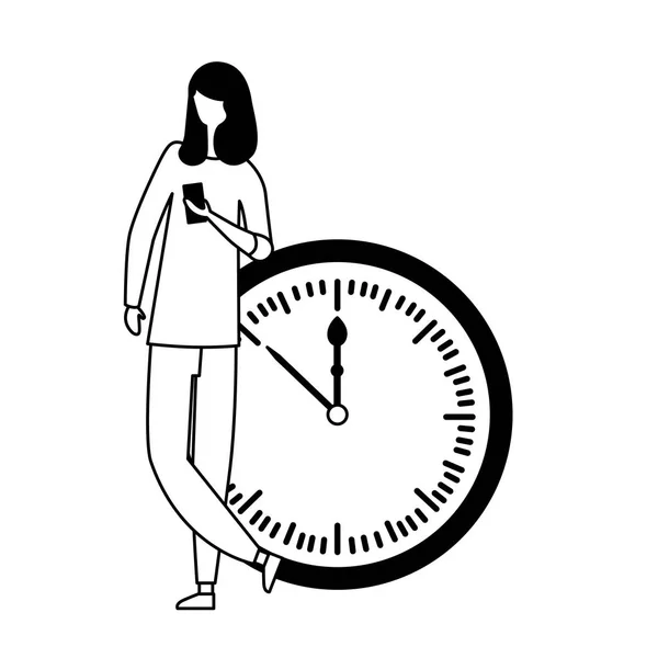 Mulher usando relógio perto de relógio redondo — Vetor de Stock