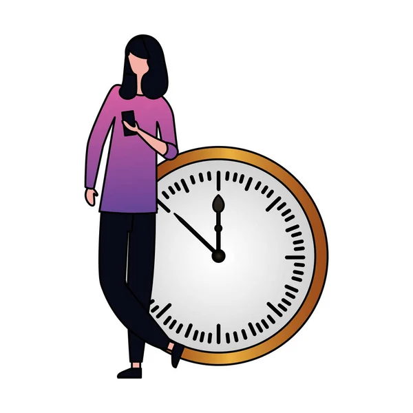 Woman using clock near round clock — Stock Vector