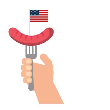 sosis Amerikan bayrağı çatalla tutan el