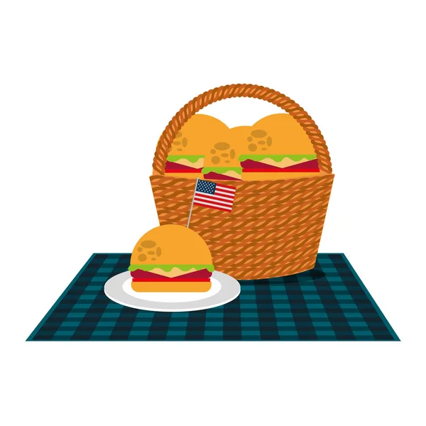 Wicker basket hambúrgueres e cobertor bandeira americana — Vetor de Stock