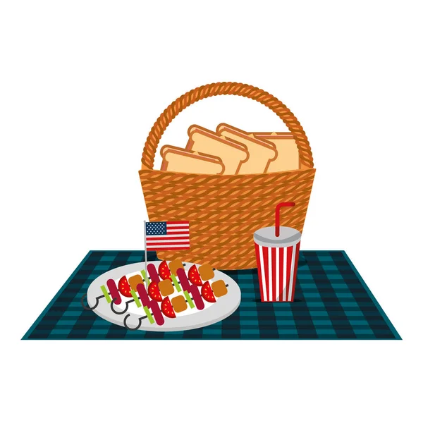 Cesta de vime sanduíches e bandeira americana — Vetor de Stock